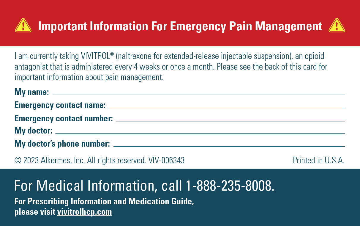 VIVITROL® Pain Safety Card